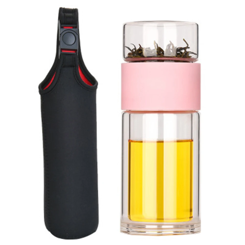 pink Стеклянная бутылка для воды с двойными стенками, бутылка для чая и воды, чашка с чашкой для заварки чая, для дома и офиса, PAK55 - Цвет: pink