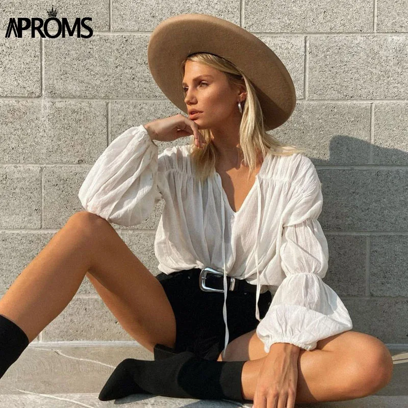 

Aproms Elegant White V-neck Ruched Loose Blouse Female Casual Long Sleeve Bow Tie Shirt Fashion Cotton Blend Top for Women 2020