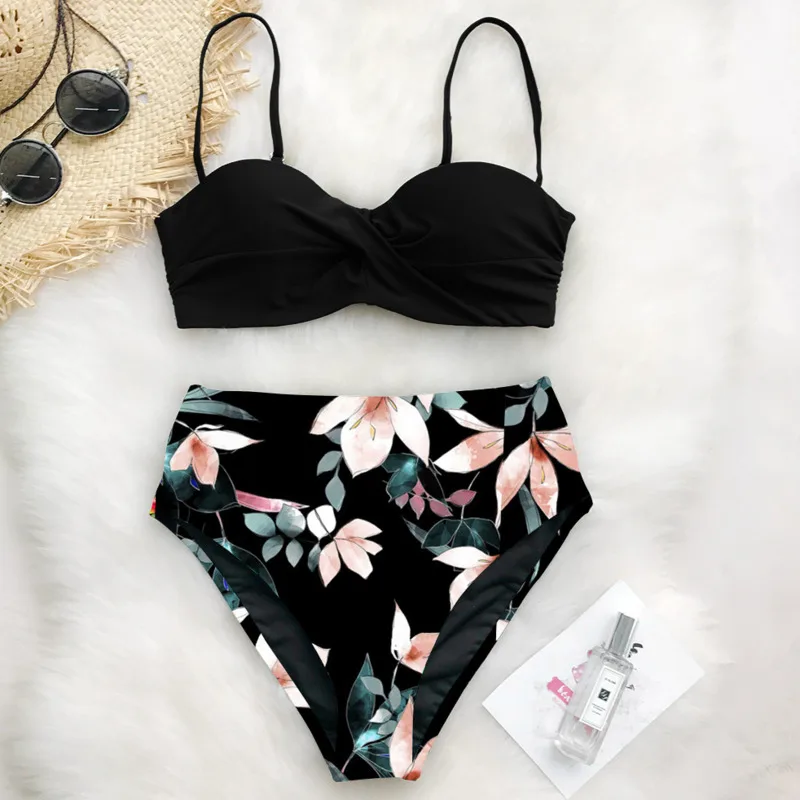Женские бикини новинка 2021 купальник с высокой талией и цветочным принтом лифчик