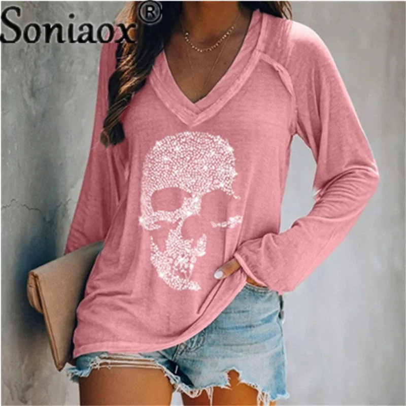 Женская футболка с принтом черепа Повседневная Свободная V-образным вырезом и
