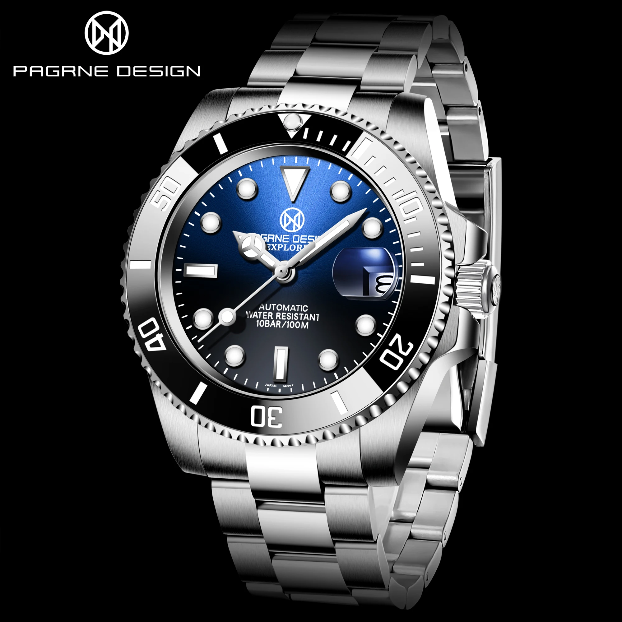 PAGRNE DESIGN Men's Watch Automatic Mechanical 10ATM Waterproof Stainless Steel Watch NH35A Clock Men 40mm Watch  