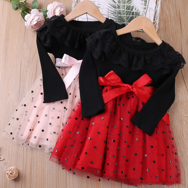2022 Spring Cusual Dress Kids Dresses For Girls Dots Lace  Princess Dress Girl Long Sleeve Party Vestidos Girls Dress 1-6 Year