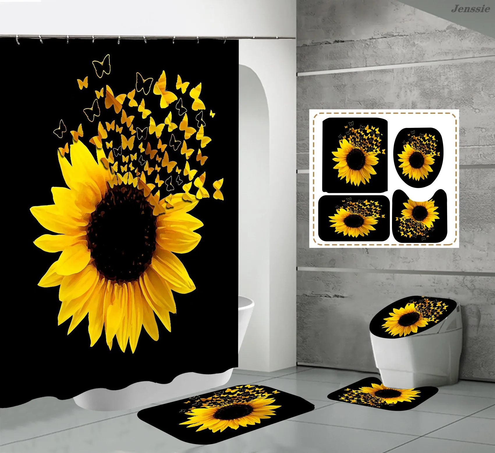Sunflower Pattern Shower Curtain Set Toilet Cover Rug Carpets Non-slip Kitchen Bath Mat Wooden Board Bathroom Set Decoration enlarge