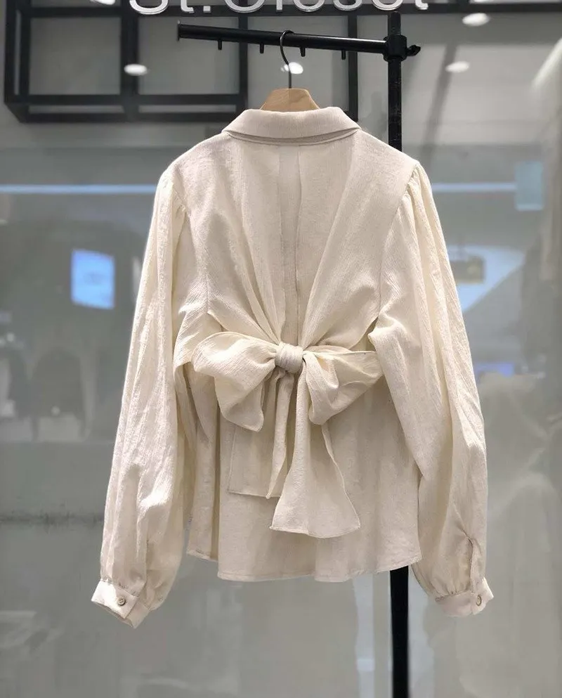 LANMREM2020 summer new Turn-down Collar Korean Ladies Bow Shirt Women Casual Loose Blouse With Long Sleeves Fashion Tops QJ472