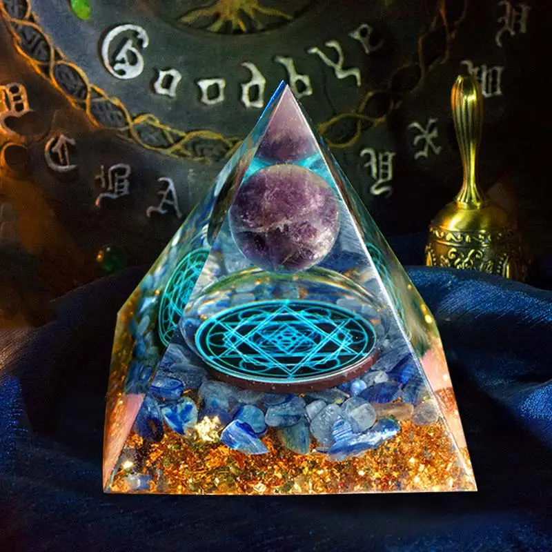 

Handmade Amethyst Crystal Sphere Orgonite Pyramid 60mm with Kyanite Stone Reiki Chakra Energy Orgone Collection EMF Protection