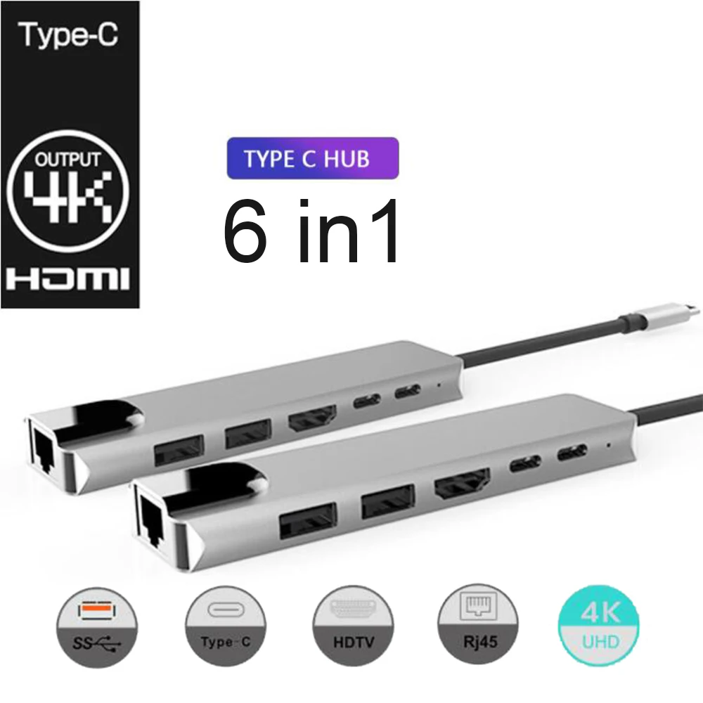 Зарядное устройство Type C для rj45 hdmi PD концентратор 6 в 1 гигабитный Ethernet Lan 4K Mac book Pro