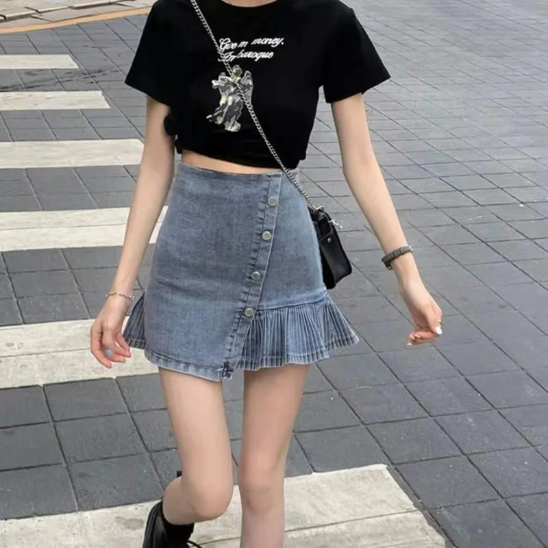 

Плиссированные джинсовые юбки, милая джинсовая юбка на пуговицах с оборками, с высокой талией, в Корейском стиле, в стиле преппи, женская ули...