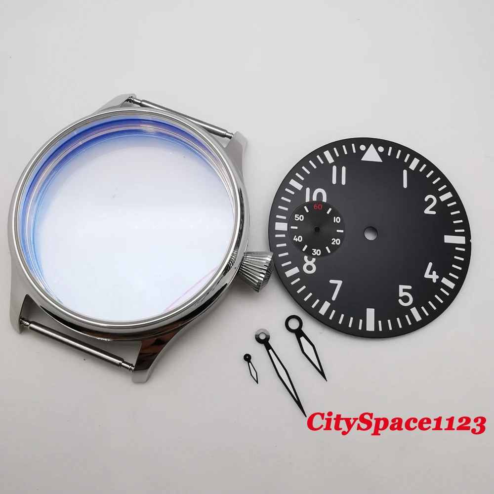 

44mm steel watch parts case Green Luminous Dial hands fit st36 ETA 6497 movement watch