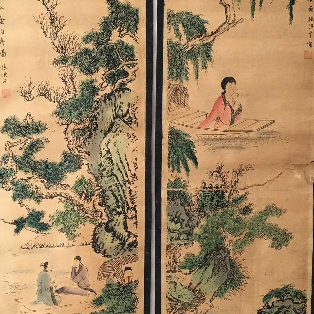 

Ancient Chinese Painting Master Landscape Painting Lady Picture Four Screen Living Room Office Decoration Hanging Painting Old