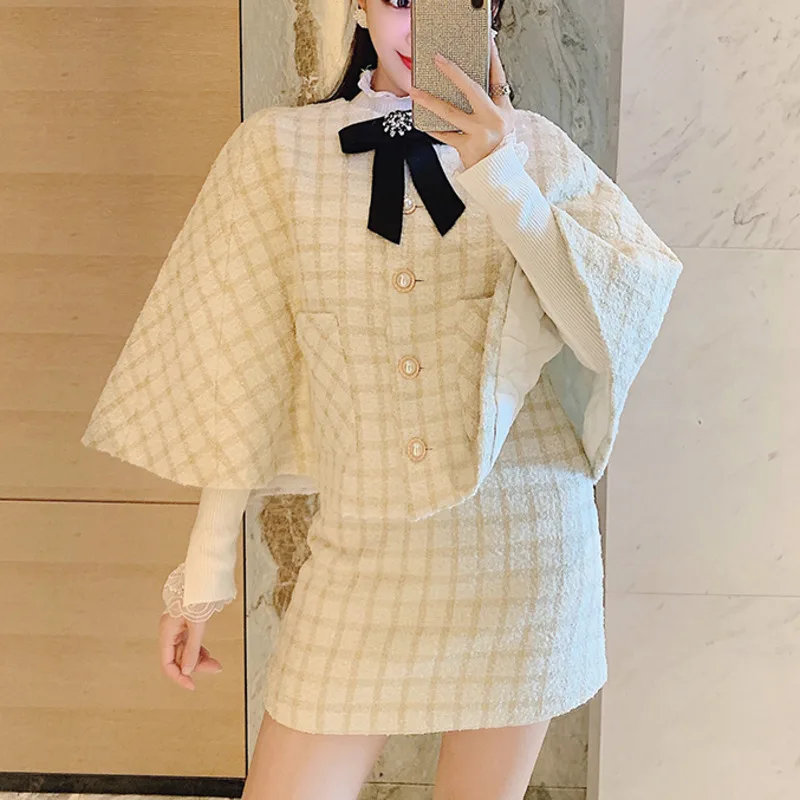 

High Quality Autumn Winter Sweet 3 Piece Set Women Bow Plaid Loose Cloak Jacket Coat + Knitted Sweater Top + Mini Skirt Suits