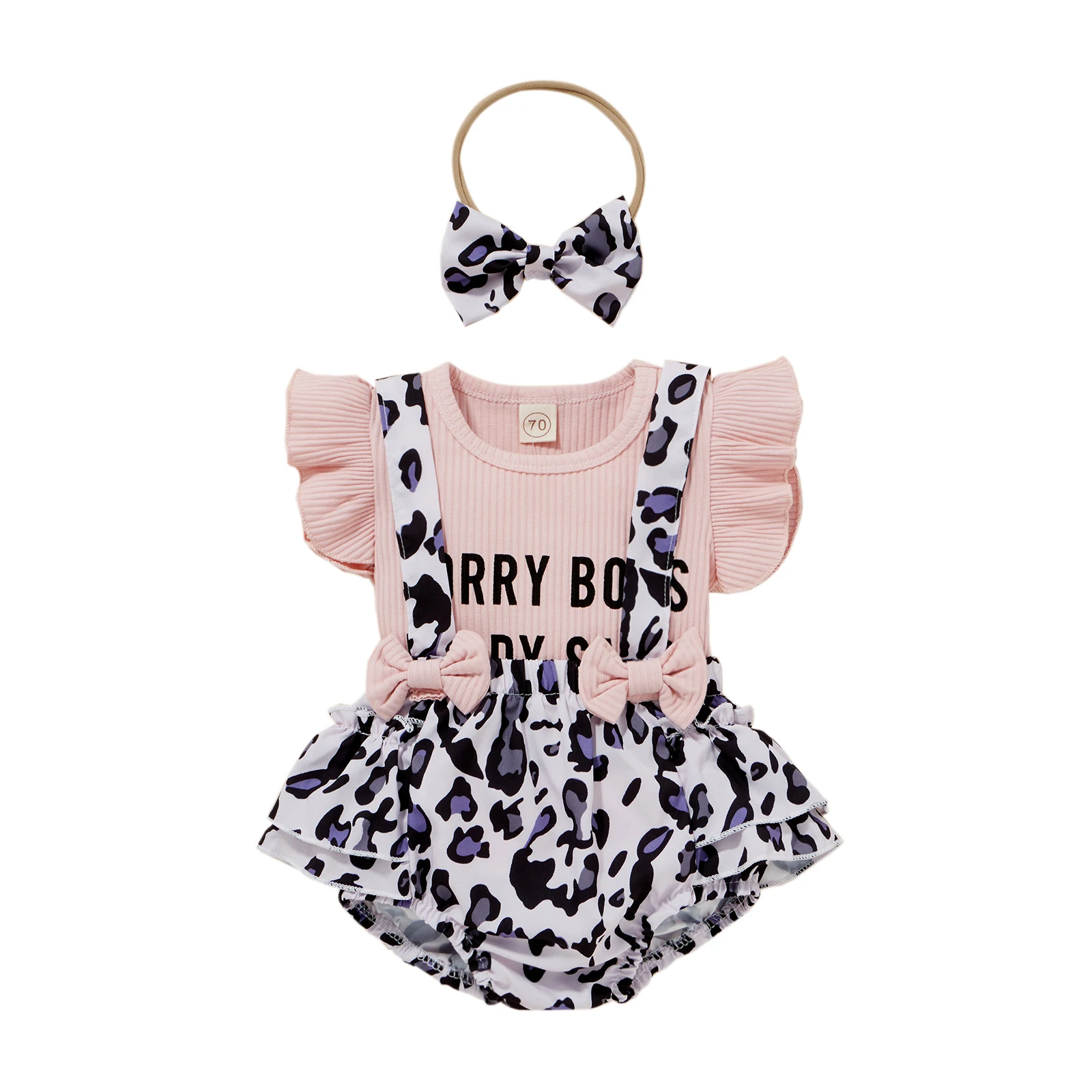 

0-24 Months Letter Baby Girl 3pcs Baby Outfit Short Sleeve T-shirt + Leopard Print Suspenders Pantie + Hairband Toddler Girl