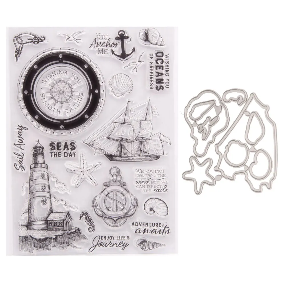 

Metal Cutting Dies Clear Silicone Stamps Tower House Sailing Seagull Starfish Frame DIY Stencils Make Cards