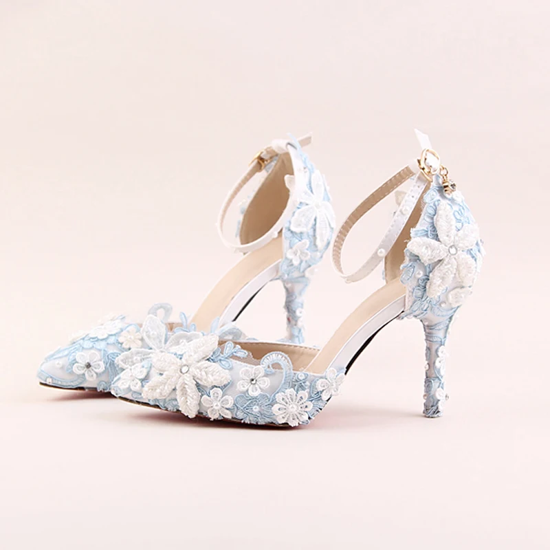 

Женские свадебные туфли с острым носком, синие кружевные туфли с цветочным узором, свадебные туфли на шпильках, вечерние туфли с острым носк...