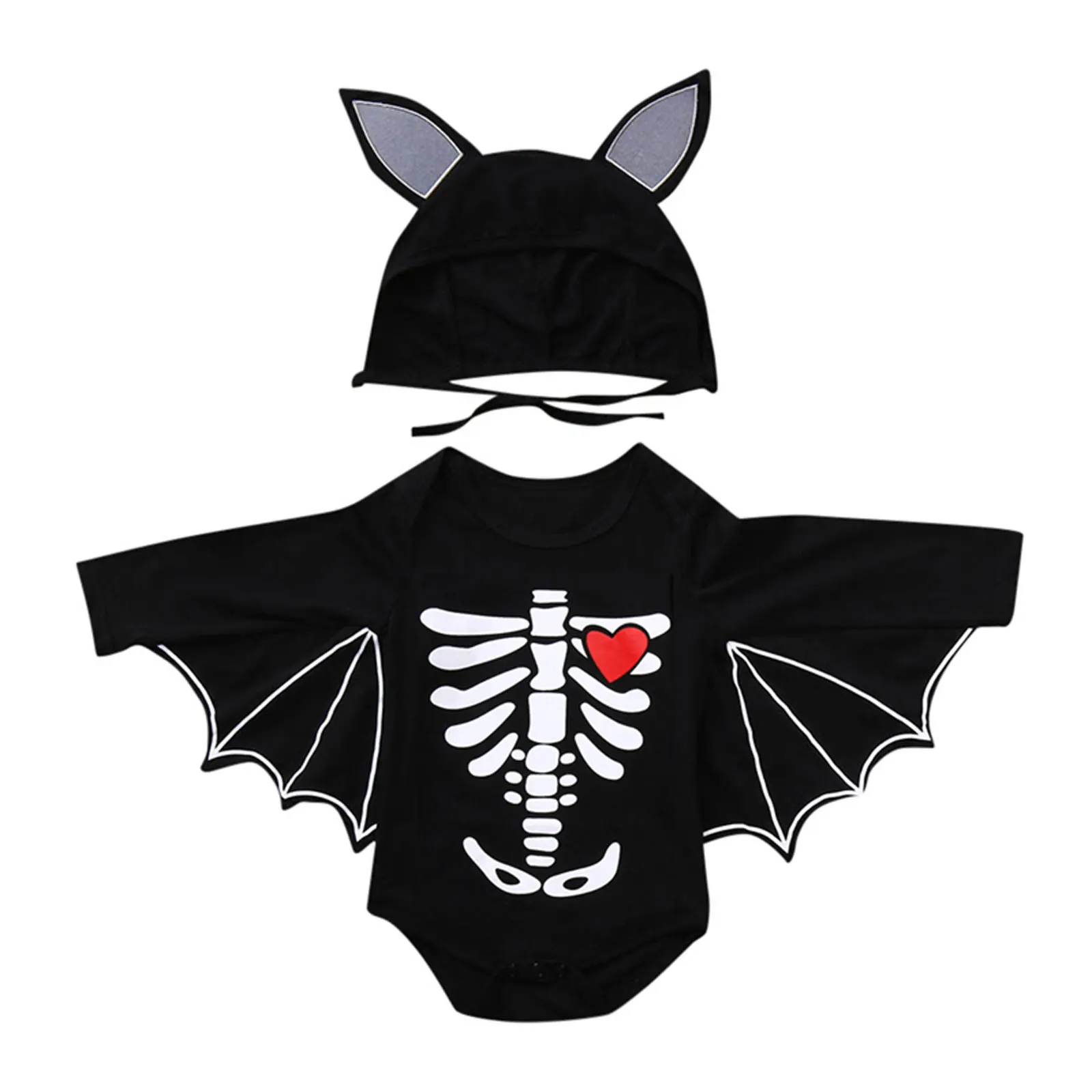 

Baby's Clothes Halloween Clothes Set Skull Print Long Bat Sleeve O-neck Kids Romper Hat With Cute Ears Children's Clothing Set