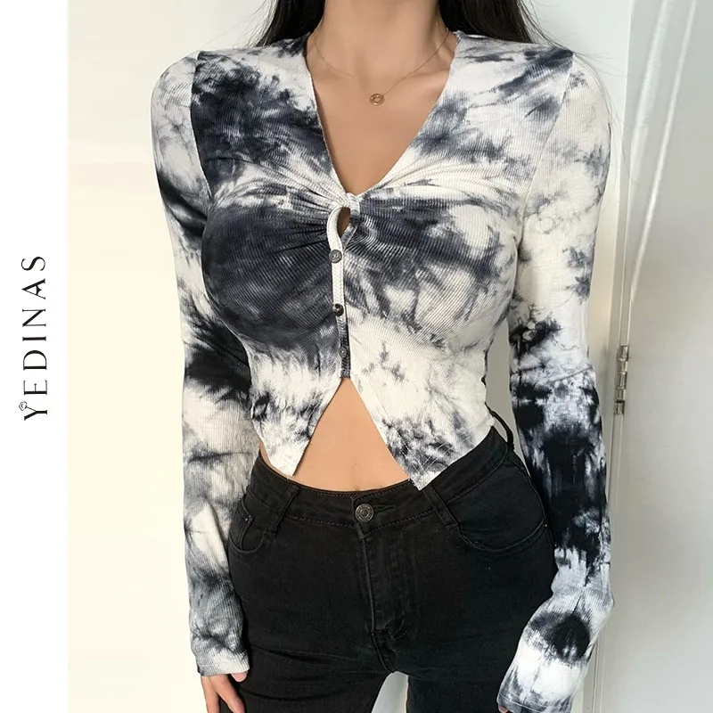 Женская футболка Yedinas с длинным рукавом и принтом тай-дай приталенная черная