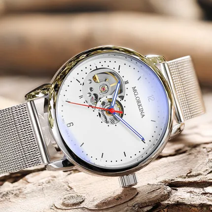 Reloj Hombre автоматические часы мужские s модные спортивные из нержавеющей стали сетки Группа скелет механические наручные часы для мужчин - Цвет: model A silver white