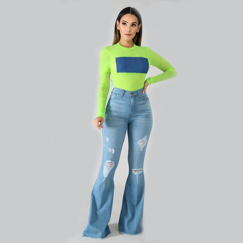 

Women's Jeans Flared New 2021 Stretch Sexy Denim Ripped Trousers Spandex Wide Leg Pants Bell Bottom Jean Fashion Plus Size 3xl
