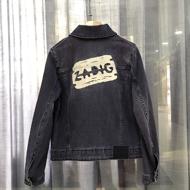 

Весна 2021, свободное облегающее хлопковое пальто с длинными рукавами и буквами сзади, модная черная джинсовая куртка