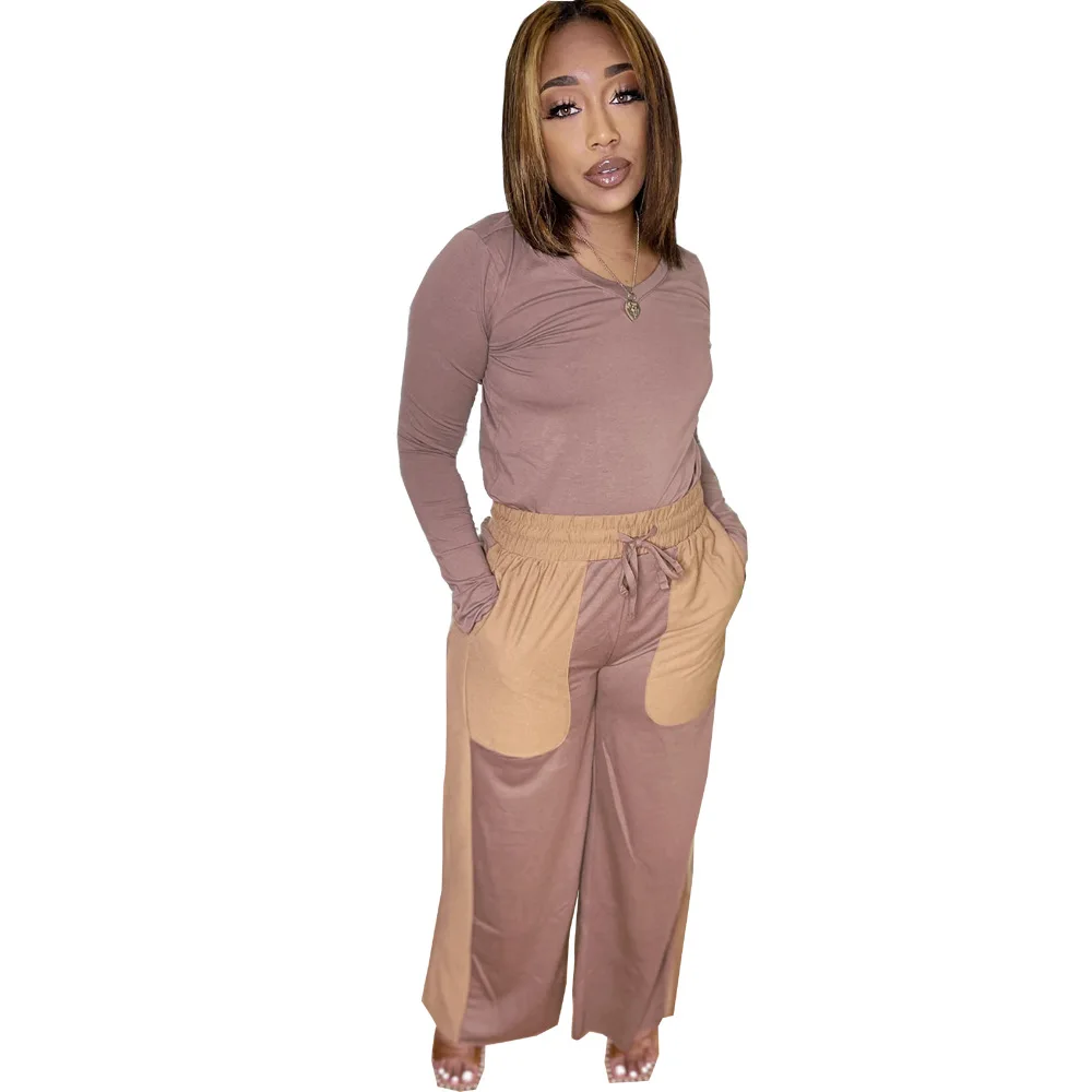 

Casual Long-sleeved V-neck Blouse Fashion Contrast Color Loose Sweatpants Suit Suitable for Fitness Sports Jogging Clothes