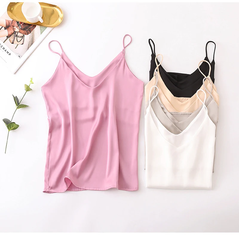 

Summer Spaghetti Strap Satin Silk Tops Women Halter V Neck Basic Bottoming Cami Sleeveless Solid Color Tank Womens Sexy Camisole