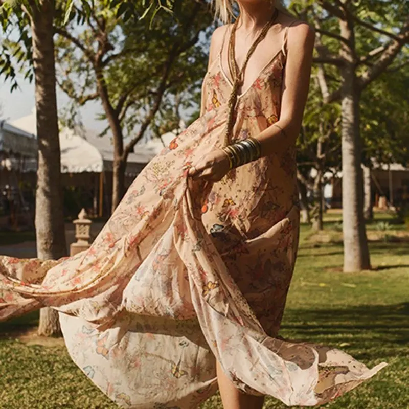 

Woman Dress Beach 2020 Fall Fashion Women Women's Bohemian Sundress Beachwear Standing Condole Belt Backless Printed Spandex