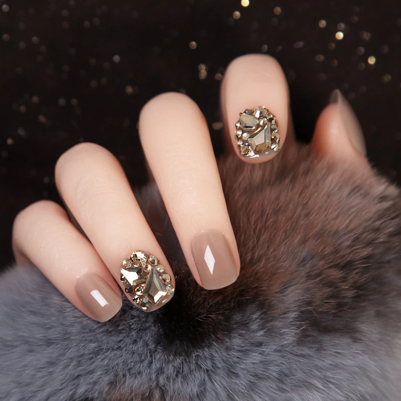 

24pcs False Nail Champagne Gold Full Diamond Short Nails Short Fake Nail Press on Nails False Nails Artifical Nails