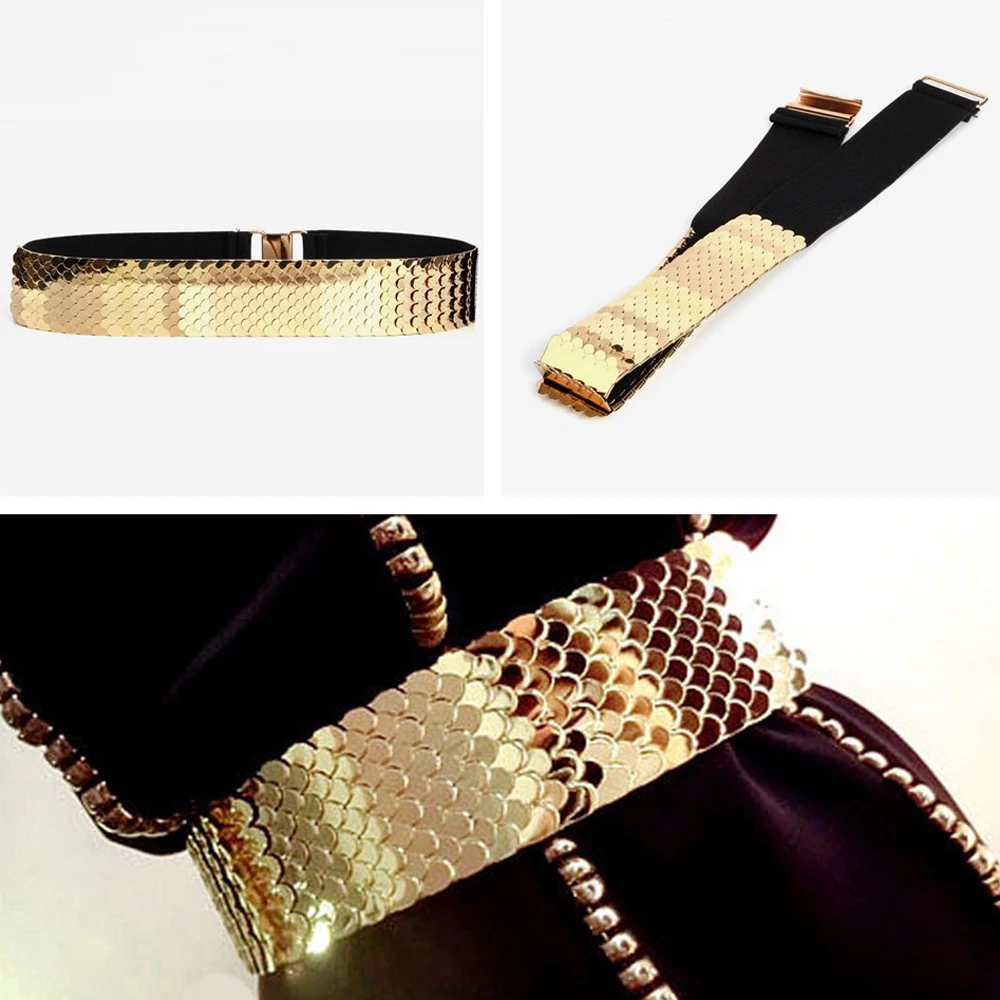 

1 Pcs Sequin Women Wide Waistband Elastic Shiny Mirror Cummerbund Dress Decor Gorgeous Fashion Metal Waist Belt