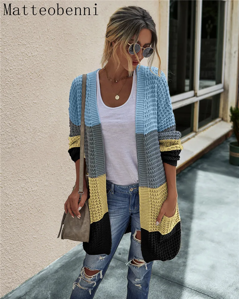 Fashion Cardigans Autumn Winter Womens Sweaters 2020 Knitting Sweater Long Cardigan Color Contrast Coat Female Knitted |