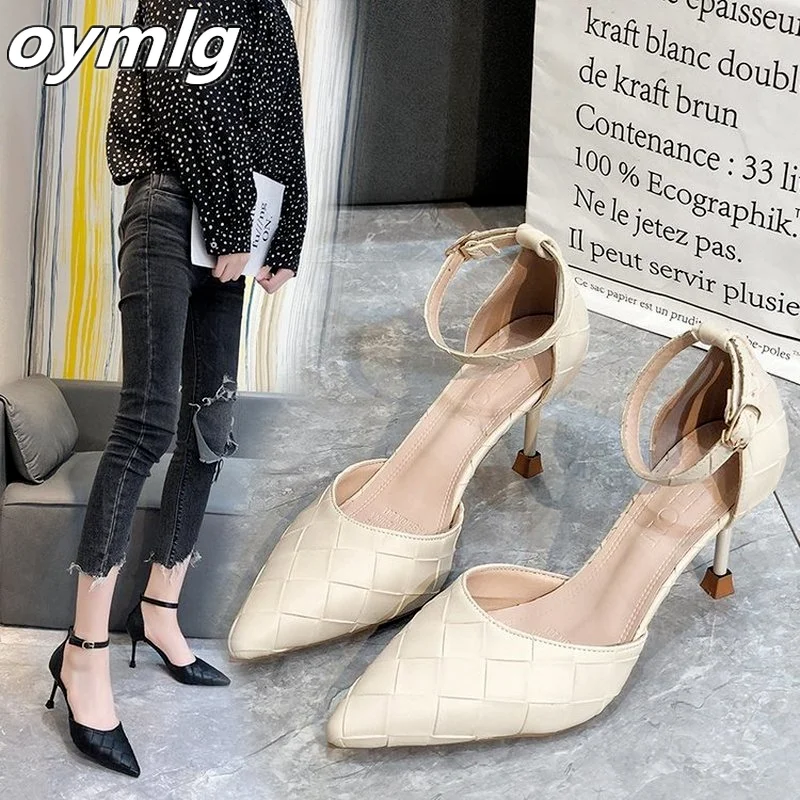 

2021 women Stiletto high heels Pointed pu women's sandals buckle black plaid fashion hollow sandals high heel women's shoes