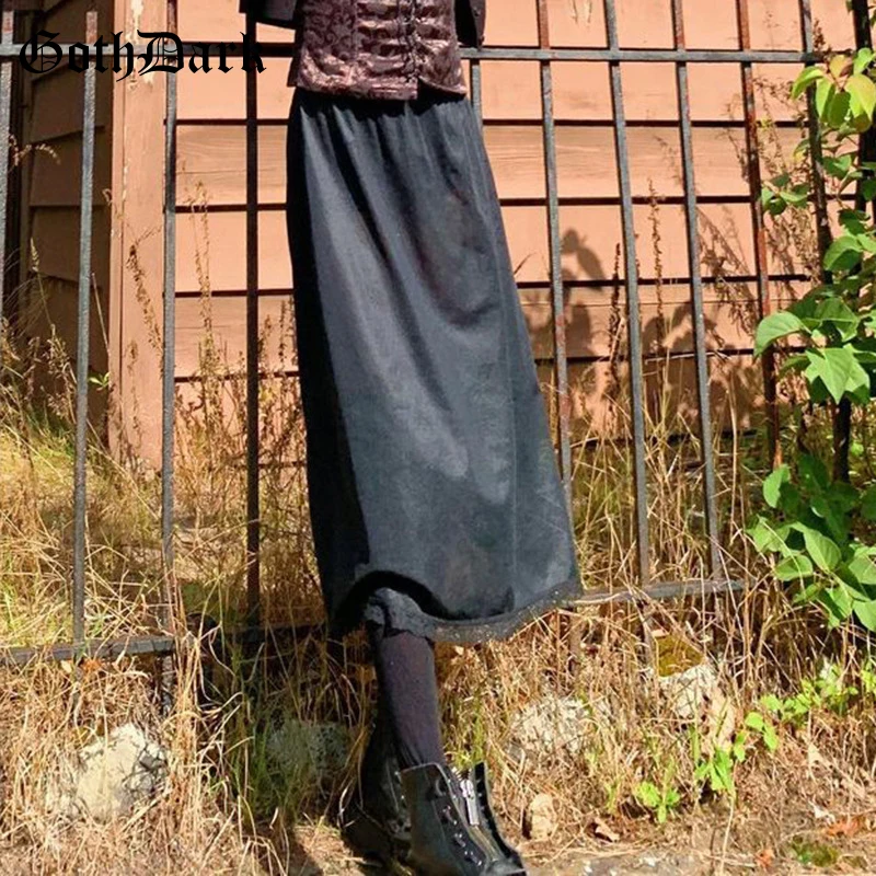 

Goth Dark Silk Gothic Aesthetic A-Line Black Women Midi Skirts Mall Goth Punk Grunge High Waist Long Skirt Alternative Clothing