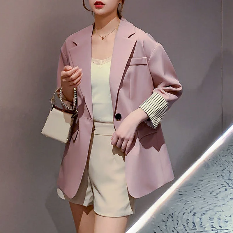 

Blazers Women Solid Loose Long Sleeve Female Business Work Single Button Notched Outwear Spring Oversized Formal Casual Leisure