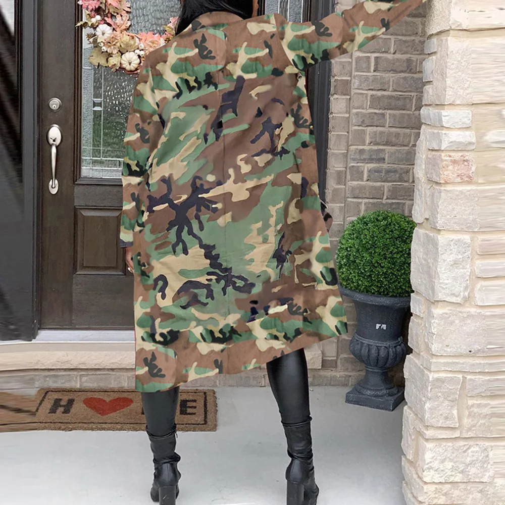 

Autumn 2021 Women's Trench Coat Camo Long Coat female ArmyGreen Print Outwear Clothing Woman Long Sleeve abrigo mujer