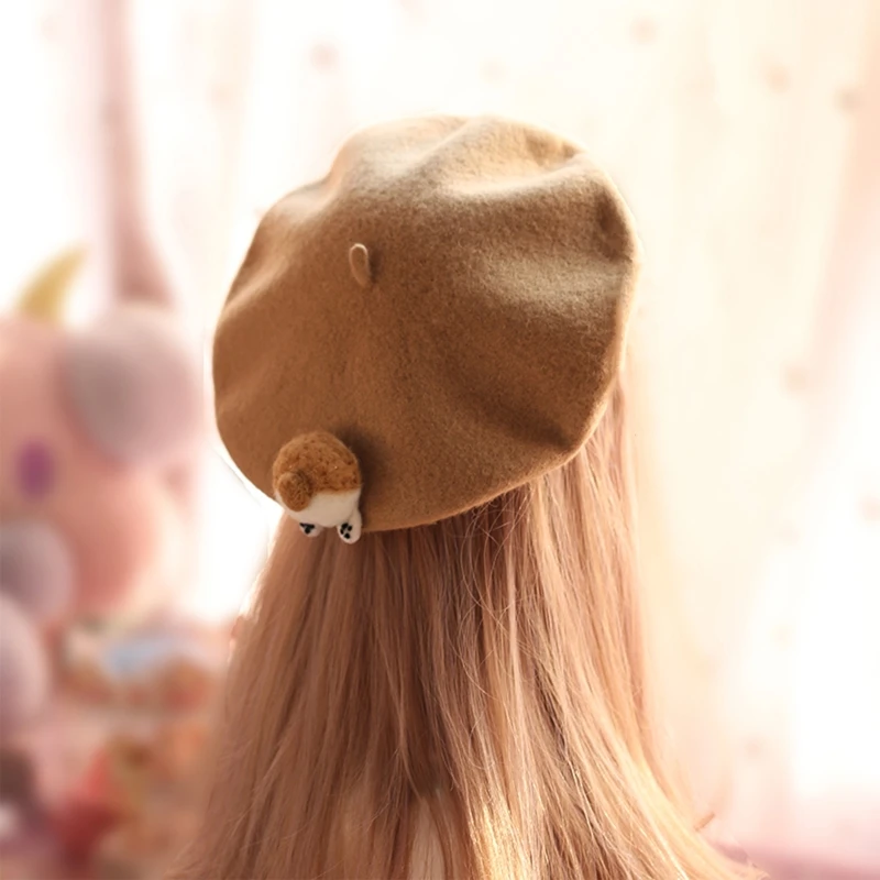 

Cute Corgi Butt Beret Elegant Solid Color Beanie Hat Wool Lolita Painter Hat for Family Gatherings Friend Birthday