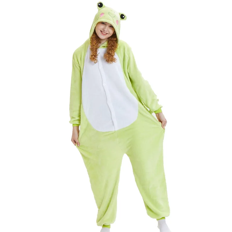 New Adults Animal Pajamas Cartoon Sleepwear Frog Pajamas Sets Anime Kigurumi Women Men Warm Flannel Hooded
