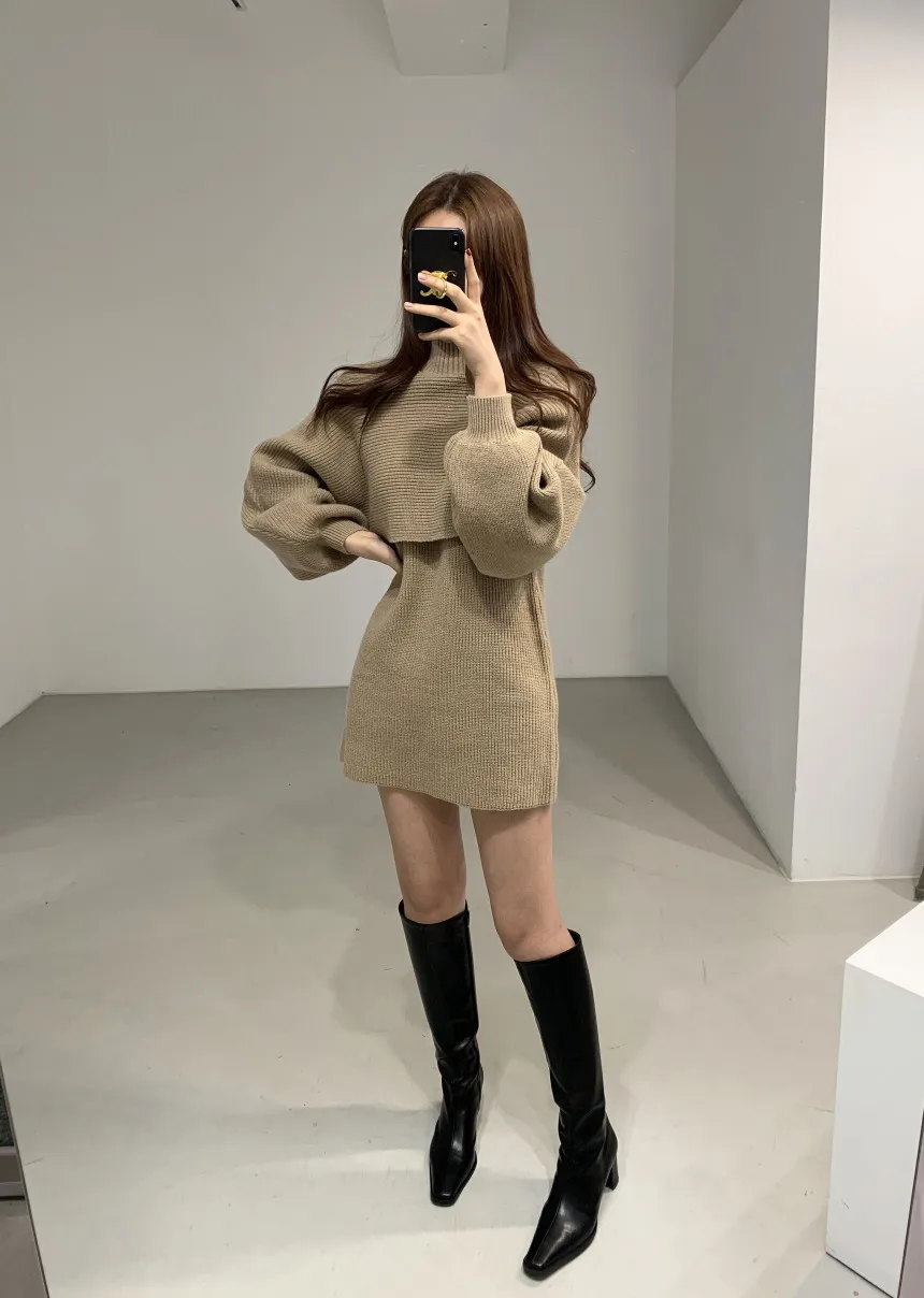 

Fashionn Autumn Winter French Cape Lantern Sleeve Turtleneck Sweater + Dress Two Piece Set B305
