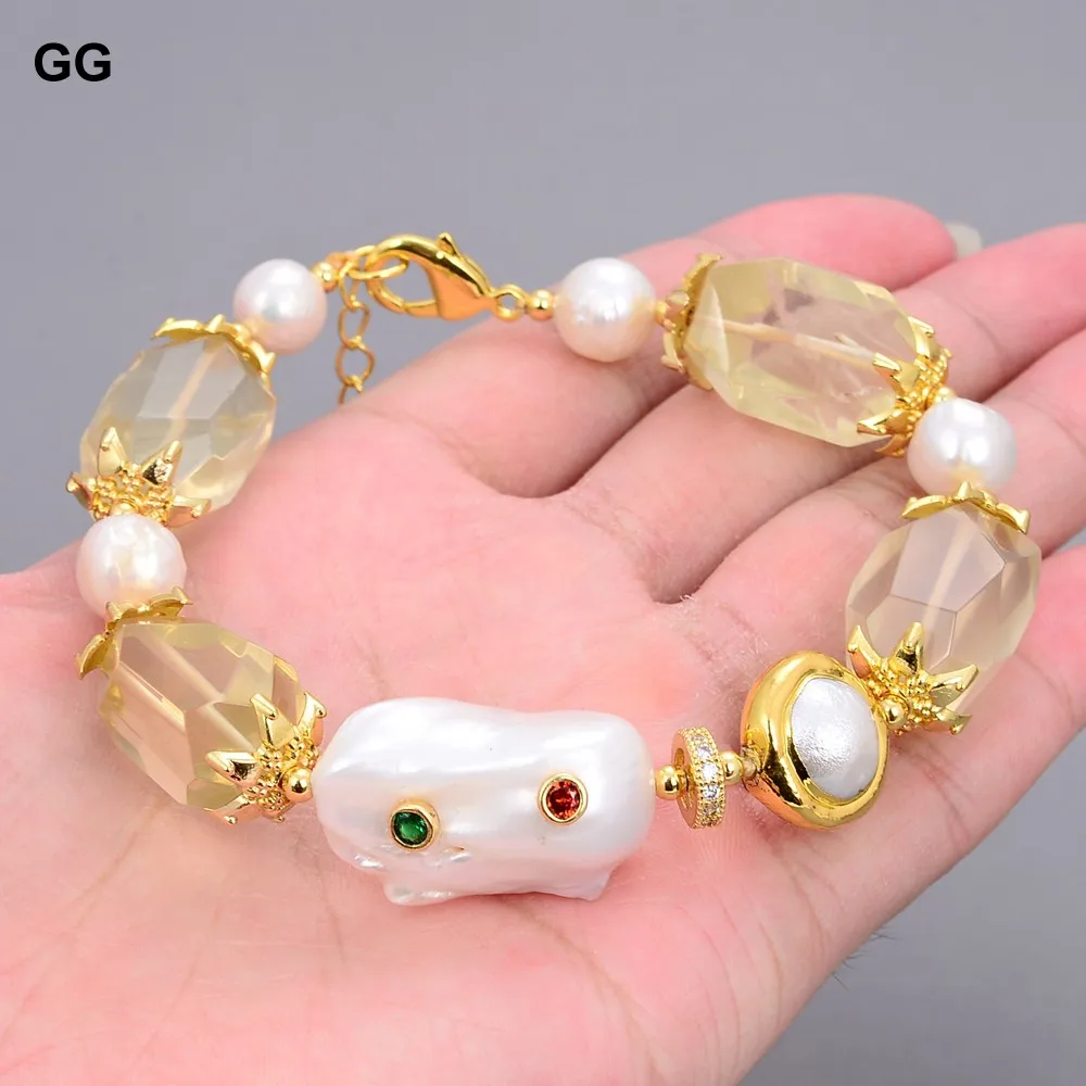

GG Jewelry Natural Lemon Quartz Freshwater White Keshi Pearl Bracelet