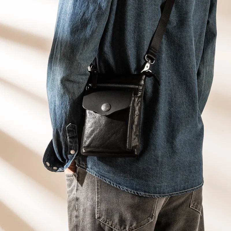 Retro fashion natural genuine leather men's black mini mobile phone bag daily outdoor key wallet single shoulder messenger bag