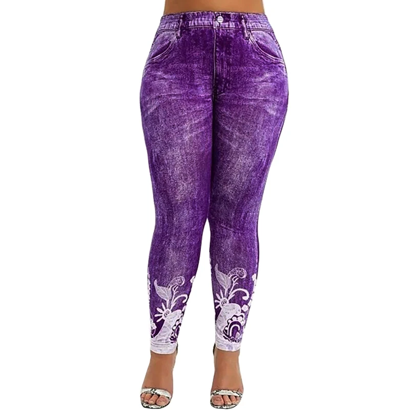 Женские леггинсы для спортзала джинсы из искусственного денима с карманами и