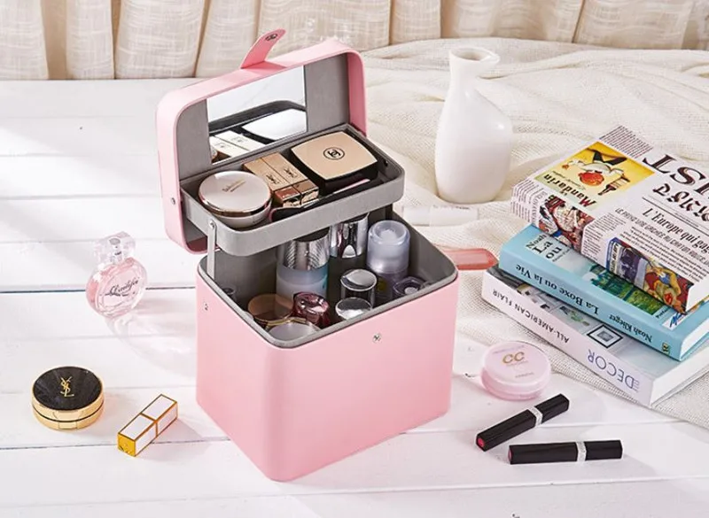 

Makeup Organizer Korean Large Capacity Cosmetic Storage Box Portable PU Desktop Make Up Organizer Rangement With Mirror