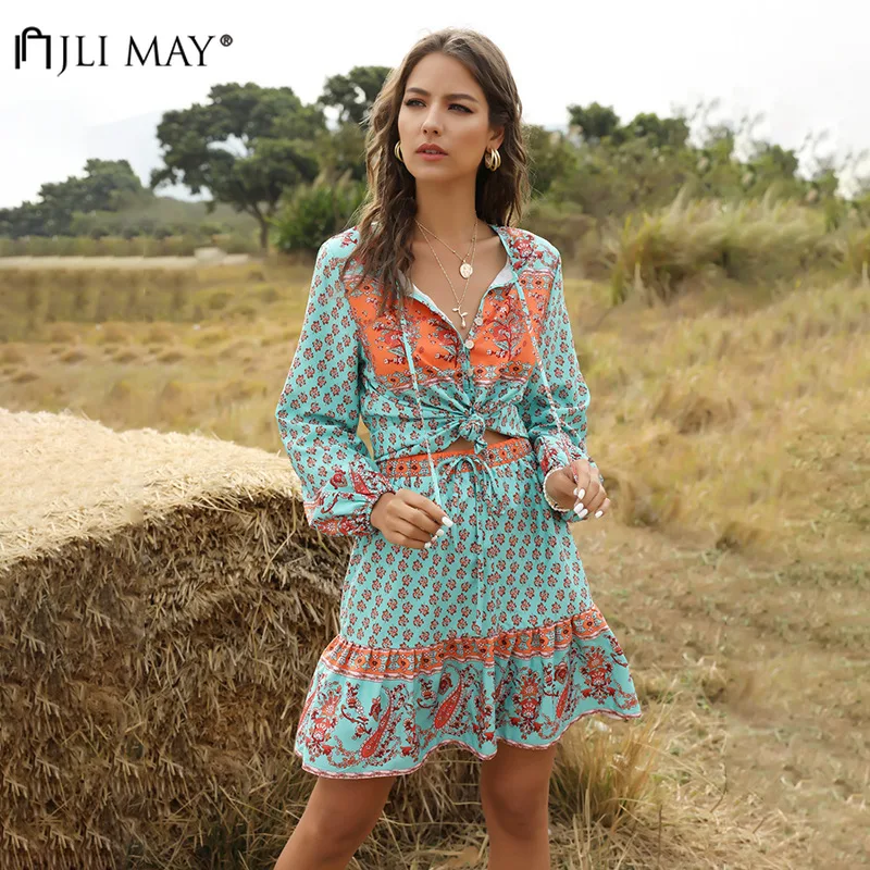 

JLI MAY Print Womens Set Skirts Bohemian O-Neck Lace Up Long Lantern Sleeve Short Tops Patchwork Ruffles Skirt Two Piece Set