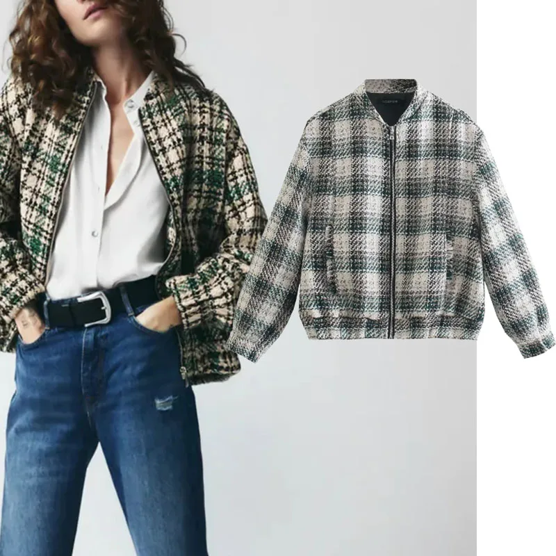 

Xypskh Za Women Autumn New Fashion Tweed Plaid Jacket Coat Vintage Long Sleeve Zip-up Side pocket Female Outerwear Chic Tops