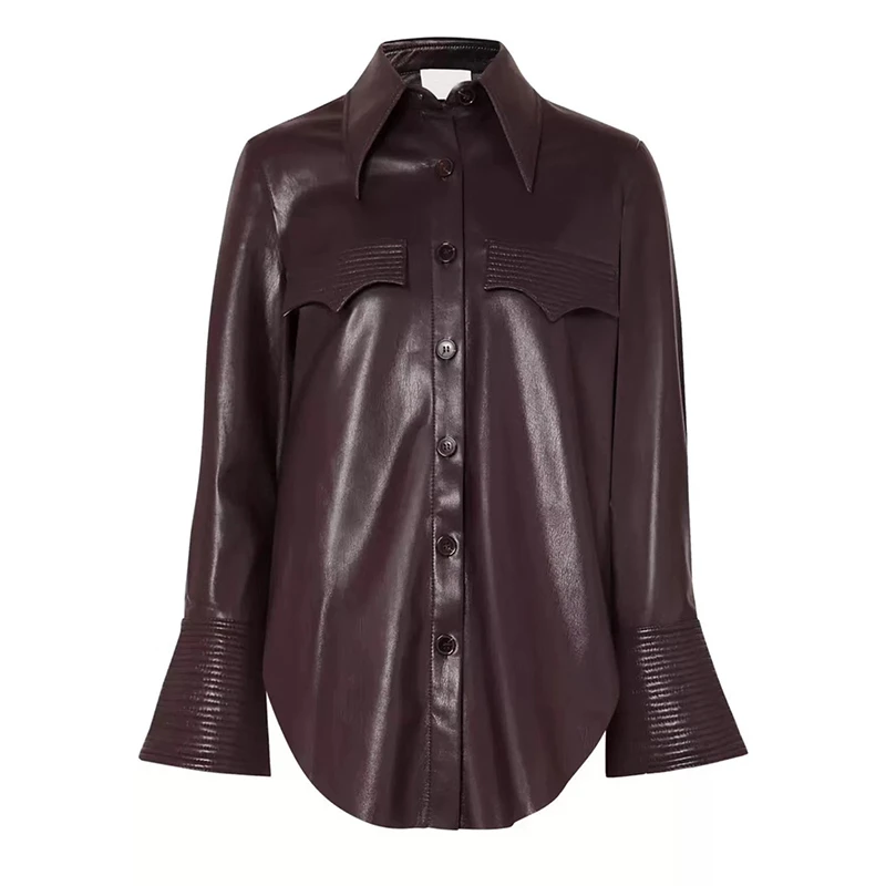 Женская кожаная блузка весна осень длинный рукав свободная рубашка Топы |