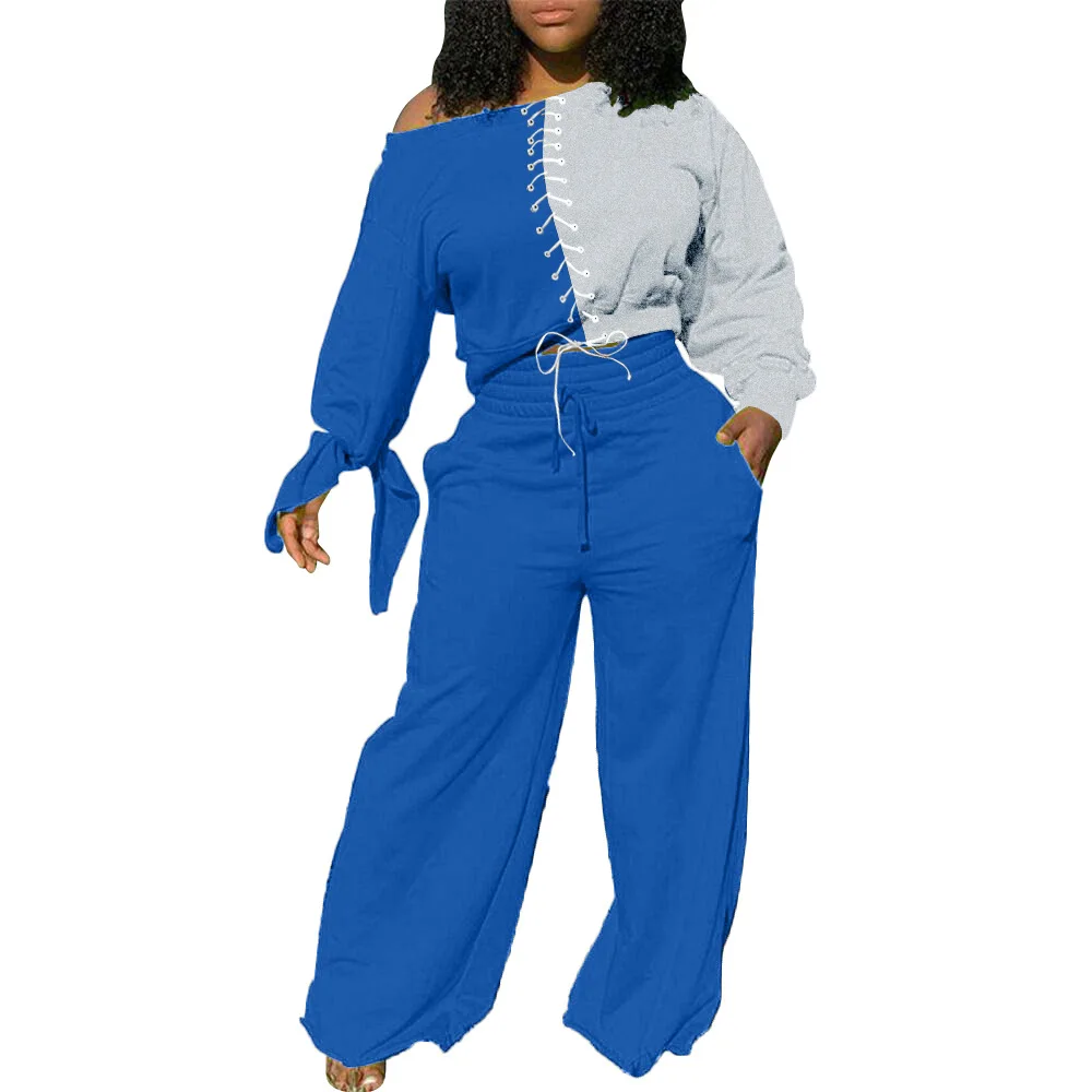 

Women's Sportswear Two Piece Tracksuit Color Block Lace Up Long Sleeve Crop Tops and Boot Cut Long Pant Fashion Matching Outfits