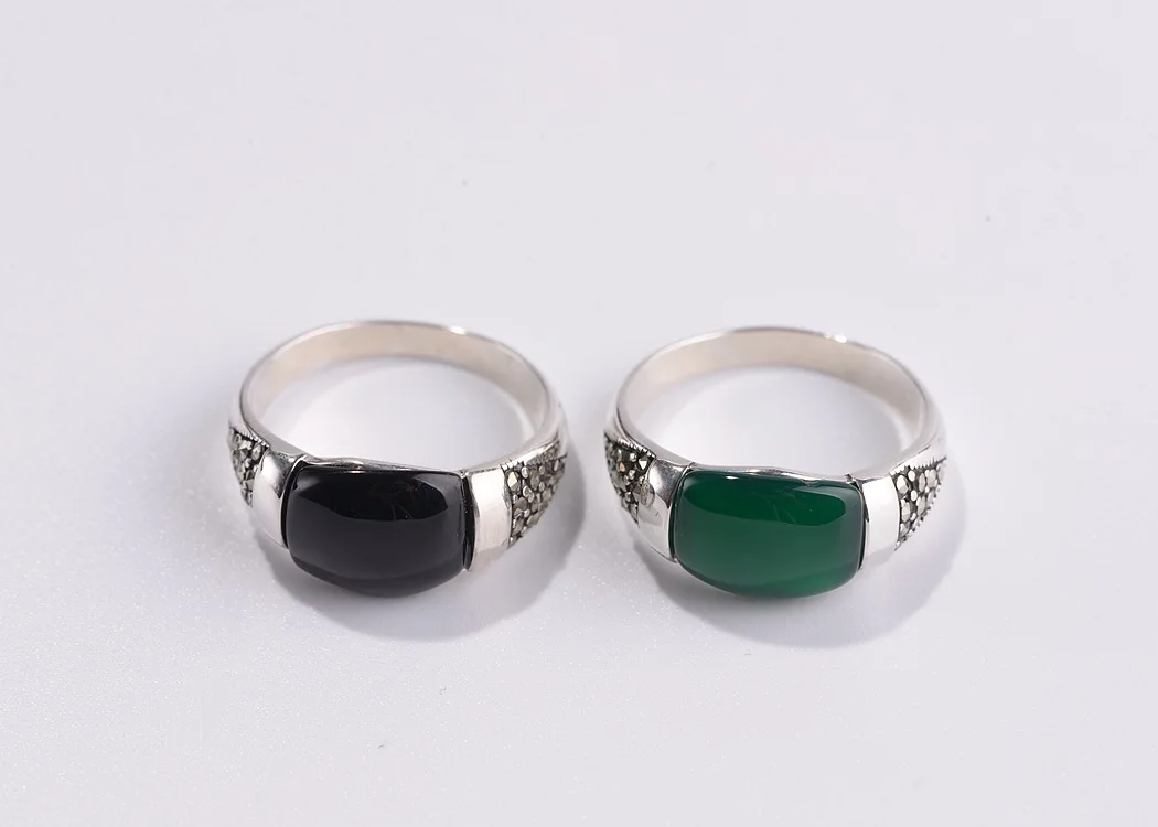 

Jewelry Silver 925 Black Green Agate Rings for Women Smooth Curved Design Nature Stone Vintage Marcasite Rings
