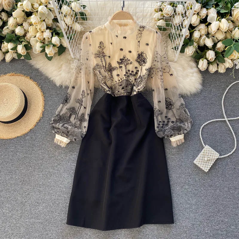 

Women's Elegant Embroidery See Through Mesh Stand Collar Long Sleeve High Waist Slimming Dress [arty Evening Vestidos For Women