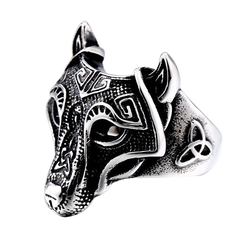 

Vintage Viking Wolf Titanium Steel Skull Biker Gothic Punk 316L Stainless Ring For Men Retro Male Design Round Bands Rings