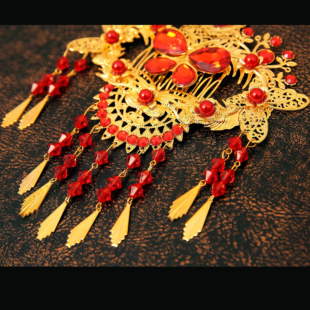 Женские свадебные аксессуары для волос в китайском стиле красные Кристальные