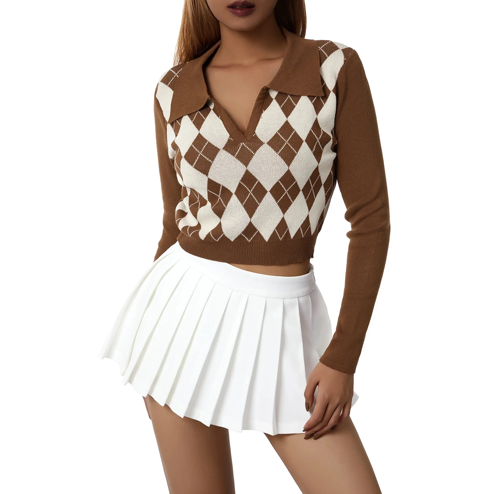 

Свитер с V-образным вырезом, джемпер с узором ромбиками, женские топы, шикарный вязаный винтажный уличный пуловер в стиле преппи для отдыха, Модный женский Зимний пуловер