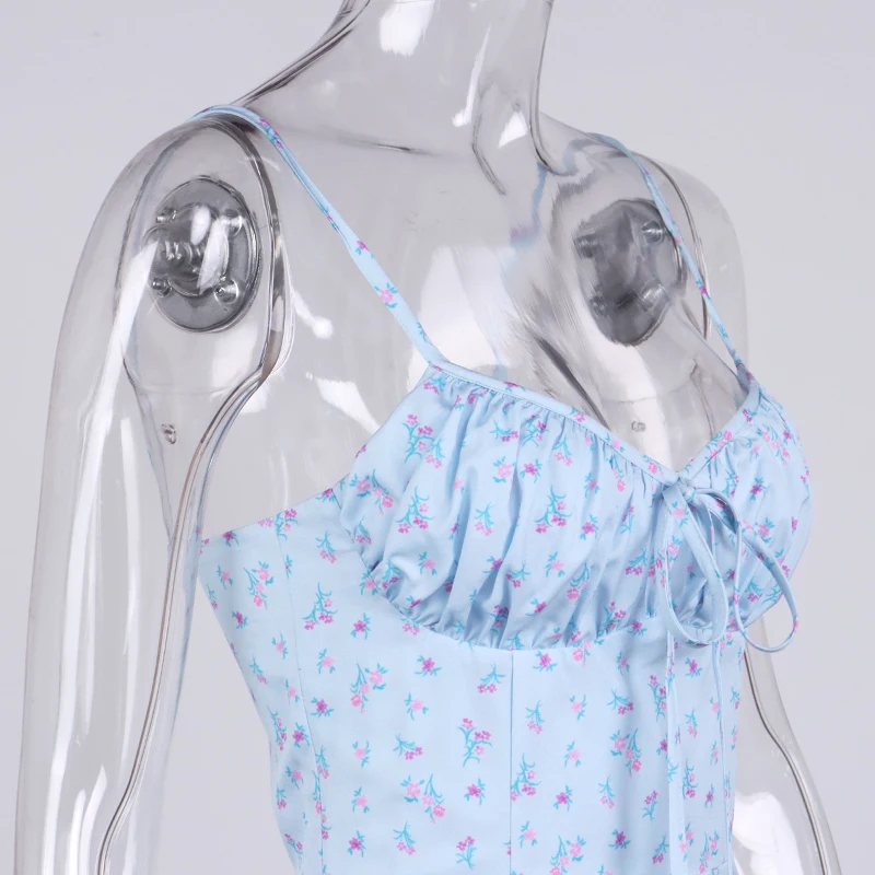 

Floral Summer Dress Women Spaghetti Strap Drawstring Ruched A-line Midi Dress Beach Vacation Casual Clothing 2021