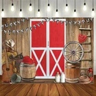 Прочная ткань в стиле американских ковбоев сцена фон для фотосъемки с изображением Красной двери сарая фермы барбекю вечерние украшения Фон Photo Booth